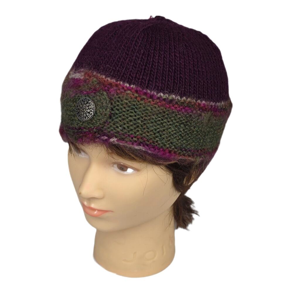 UNIQUE HANDMADE WOOL HAT – PURPLE & GREEN – ANTIQUE BUTTON DETAIL – ONE SIZE